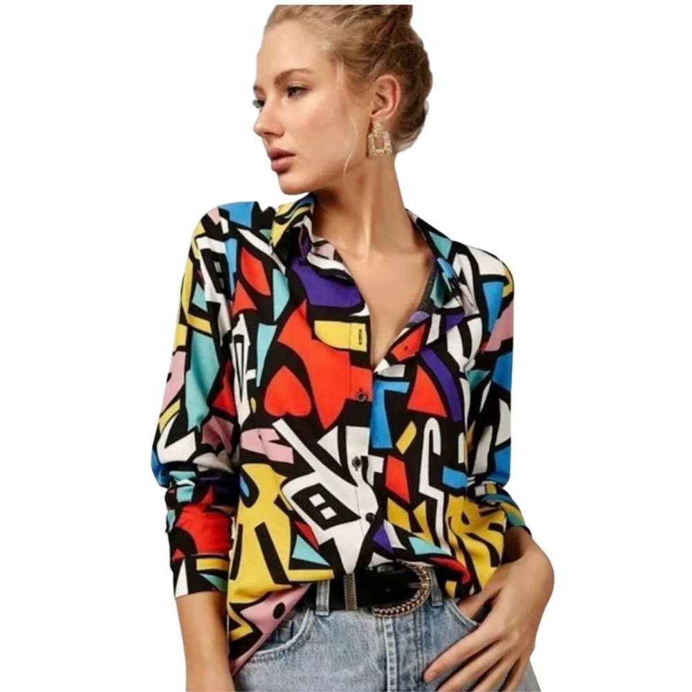 Big Dart Abstract Geometric Pop Art Button Down Shirt Multi Color Viscose Sz 16